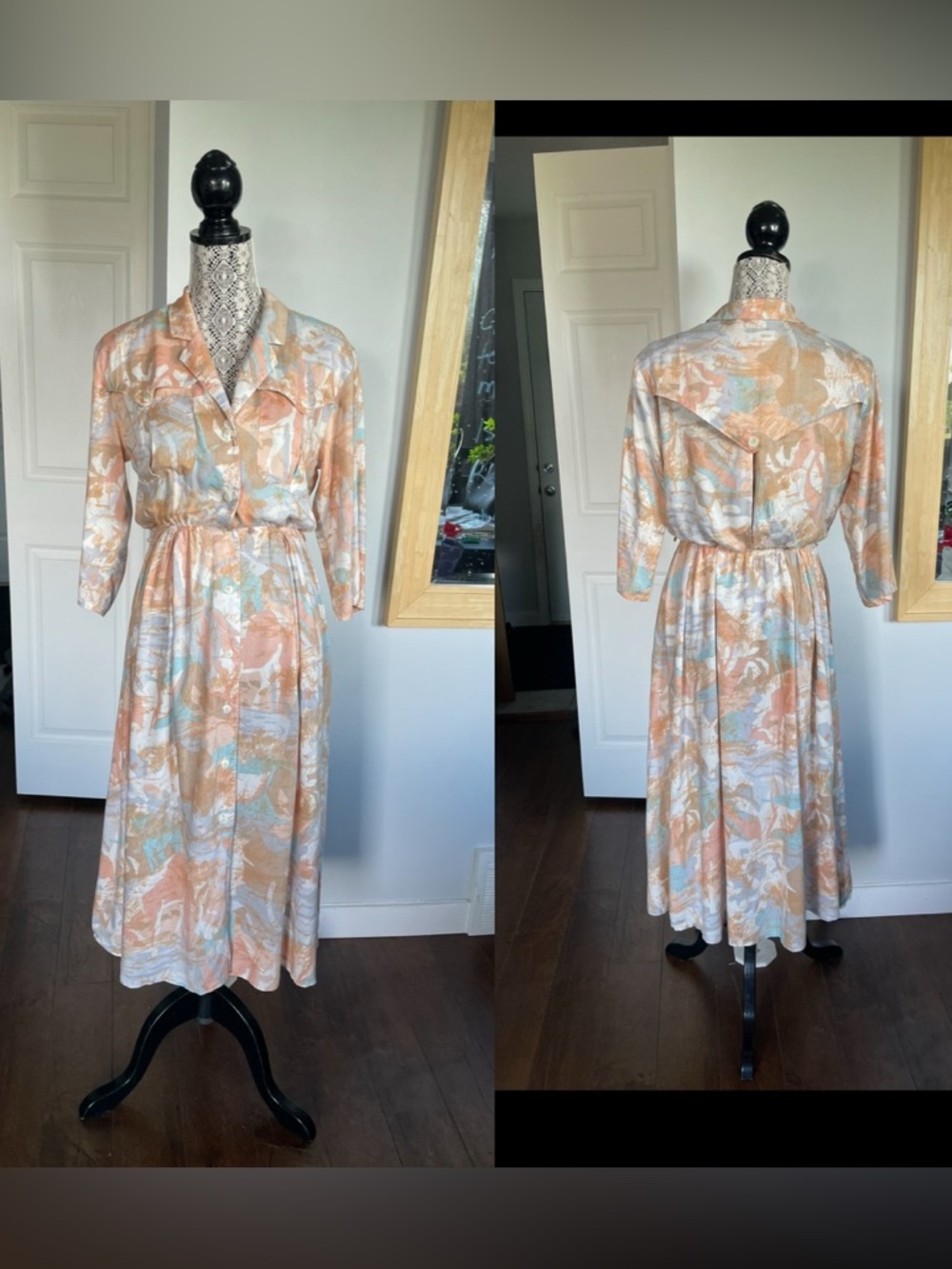 Vintage Trench Button Down Midi Dress. Pockets. Stretchy Waist. Medium
